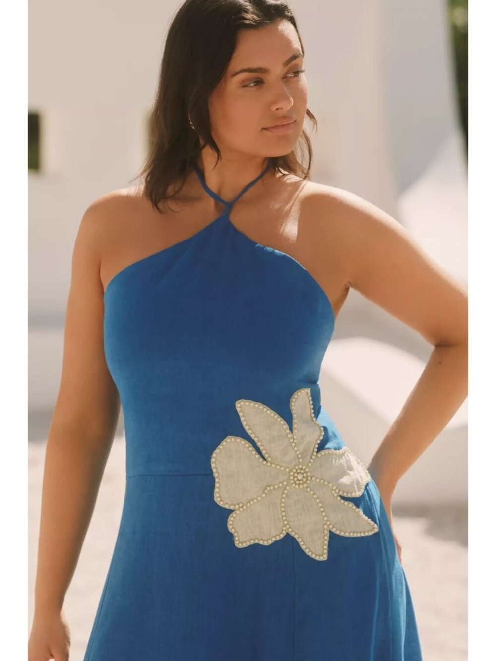 Anthropologie Celandine Linen Halter Side-Slit Maxi Dress Blue Beaded XL - Picture 4 of 5